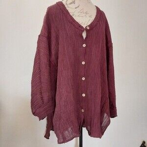 Free People Linen Cotton Burgundy Blouse Oversized Button Up Small